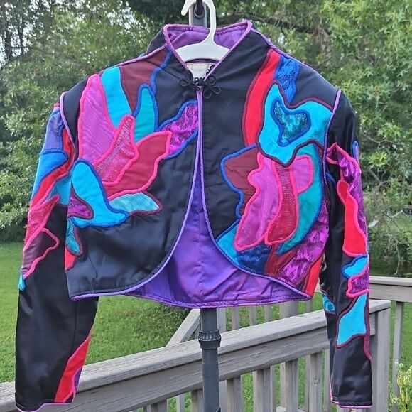 Vintage Judith Roberts La Colección Appliqué Crop Jacket Black Bright Abstract - Picture 1 of 11
